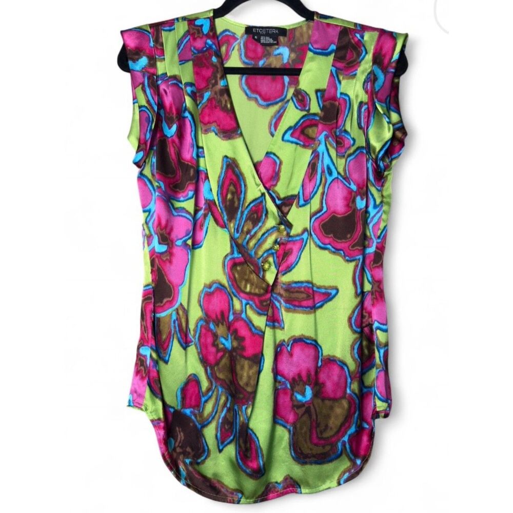y2K Colorful 100% Silk Blouse Sz 6 Vibrant Floral Going Out Top Vintage Summer